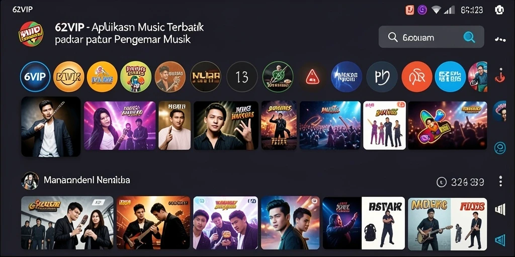 Tampilan screenshot gameplay 62VIP dengan berbagai lagu musik.