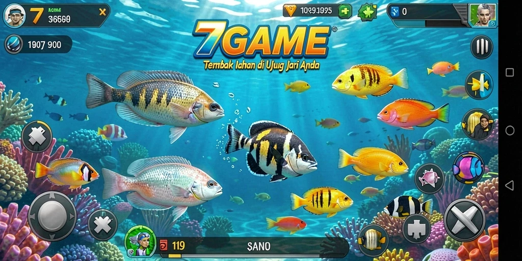 Tampilan gameplay seru dalam 7GAME dengan aksi Tembak Ikan.