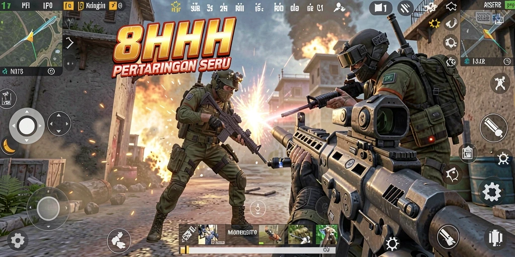 Gameplay seru dalam 8HHH dengan aksi tembak-menembak intens.