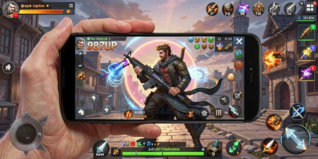 Screenshot 987UP menunjukkan aksi pertempuran strategi yang intens.
