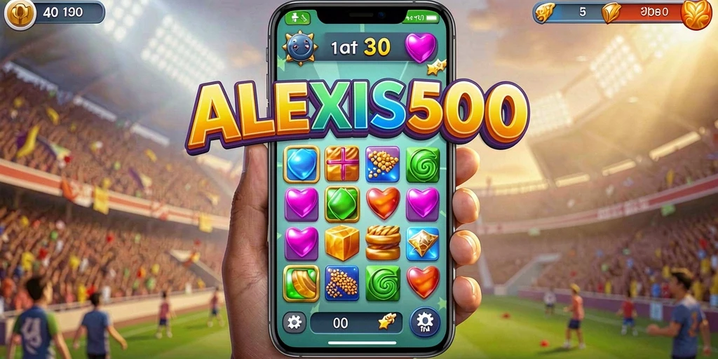 Tampilan gameplay ALEXIS500 dengan aksi mencocokkan permata yang seru.