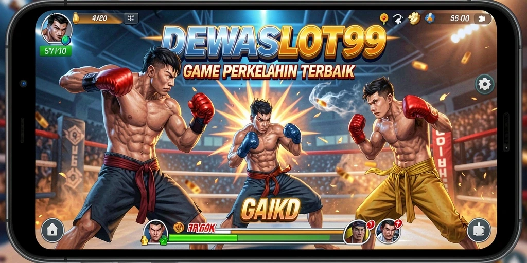 Tangkapan layar utama DEWASLOT99 menampilkan karakter bertarung dengan penuh semangat.