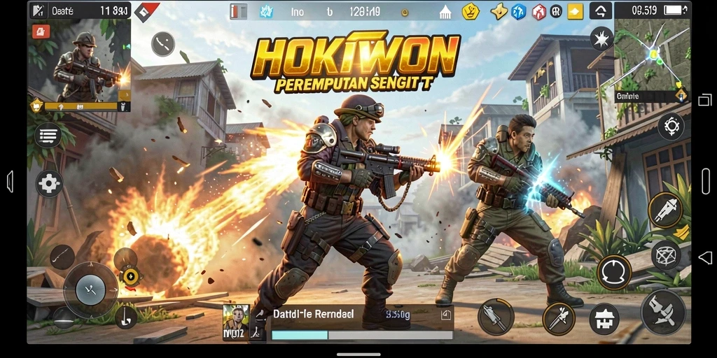 Tangkapan layar utama HOKIWON menampilkan aksi intens dalam pertempuran Battle Royale.
