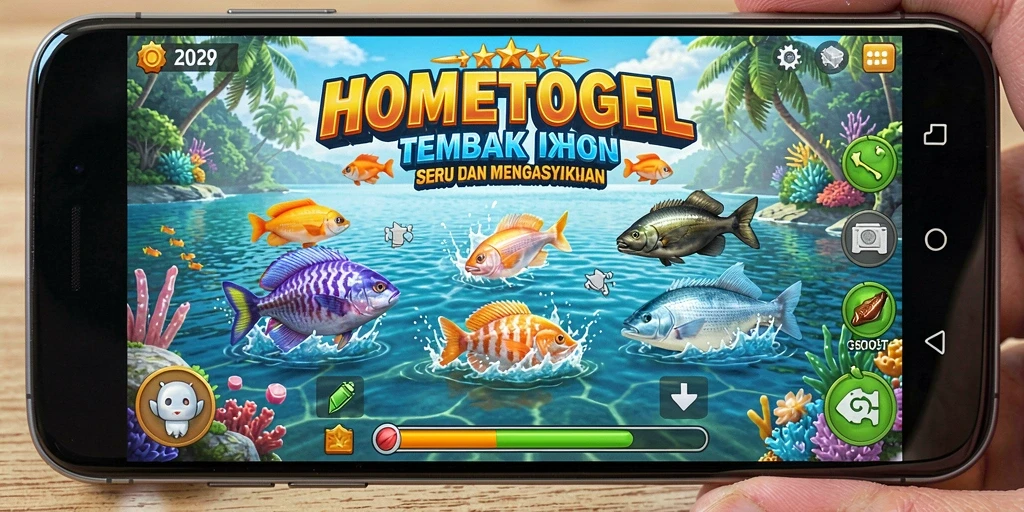 Tampilan gameplay HOMETOGEL dengan aksi menembak ikan yang seru.
