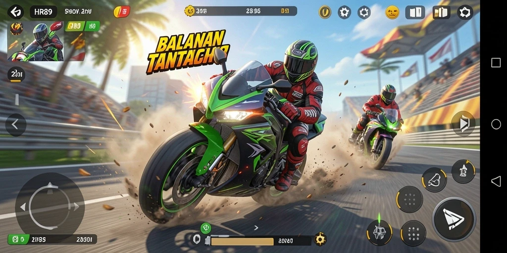 Tangkapan layar HR89 menampilkan aksi balapan motor yang mendebarkan.