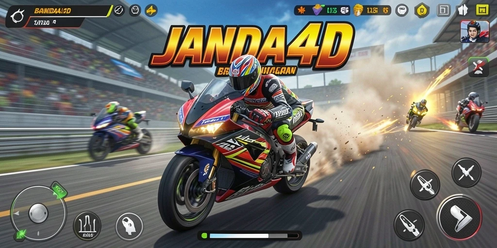 Tampilan gameplay JANDA4D menampilkan aksi balapan motor yang mendebarkan.