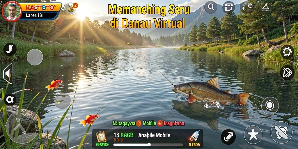 Screenshot gameplay <strong>KASTOTO</strong> menampilkan pemancing yang menangkap ikan di danau.