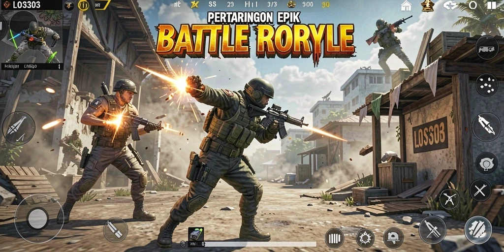 Tampilan gameplay mendebarkan di LOS303 saat pertempuran Battle Royale.