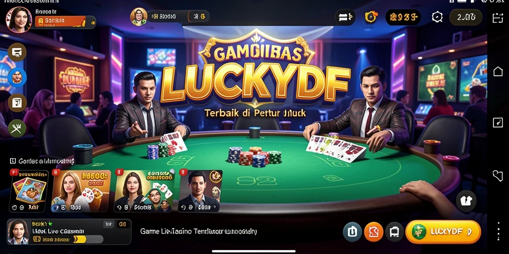 Screenshot gameplay LUCKYDF yang menampilkan dealer dan pemain kasino langsung.
