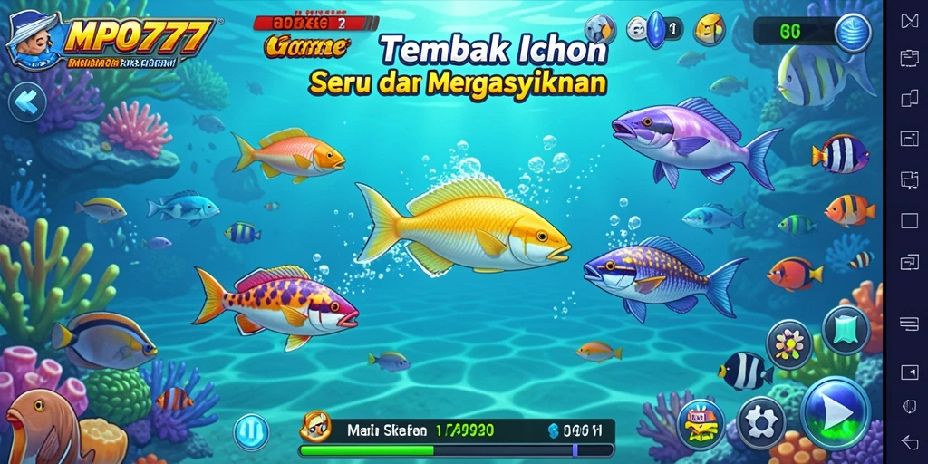 Tampilan gameplay MPO777 dengan berbagai jenis ikan yang menunggu untuk ditembak.