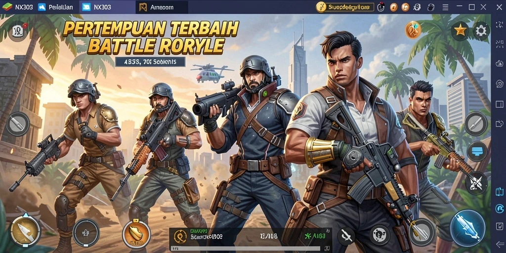 Screenshot gameplay NX303 menampilkan pertempuran intens dalam Battle Royale.