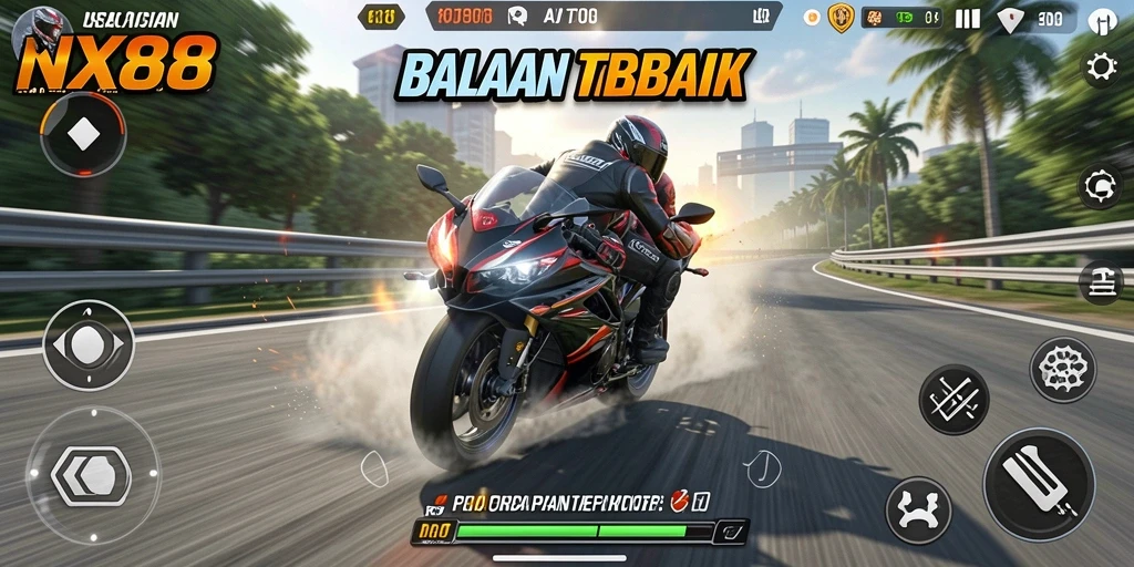 Gameplay NX888 yang mendebarkan dengan balapan motor yang cepat.