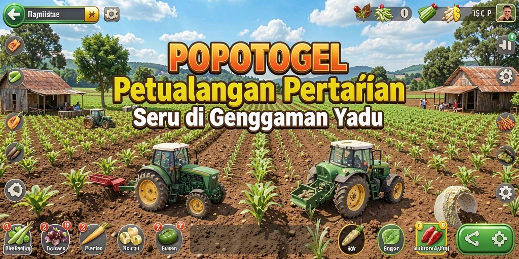 Tampilan gameplay POPOTOGEL dengan lahan pertanian yang luas dan tanaman berwarna-warni.