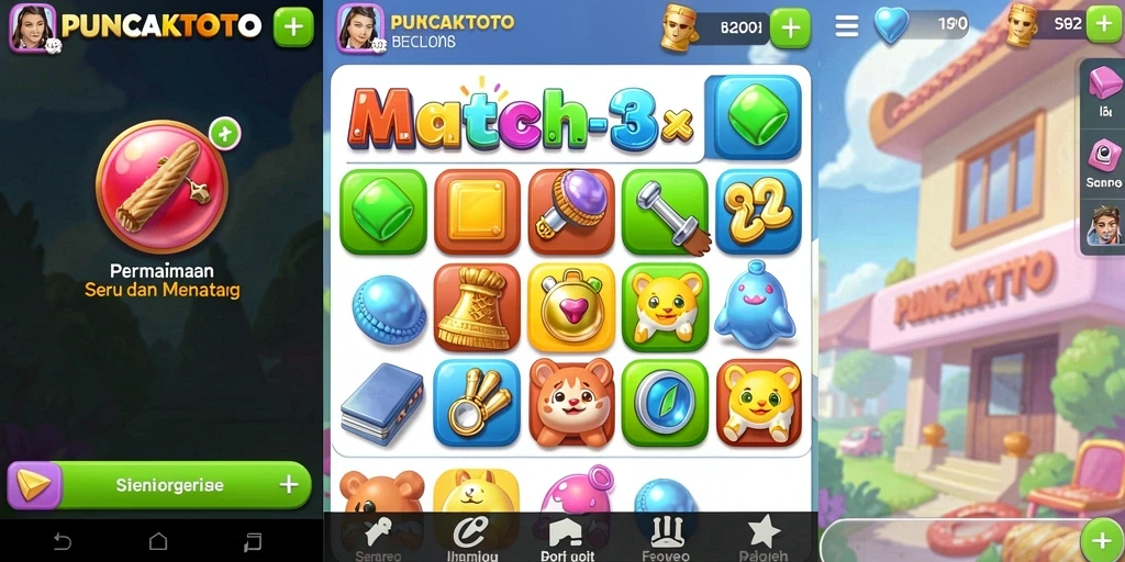 Screenshot <strong>PUNCAKTOTO</strong> menunjukkan gameplay seru mencocokkan elemen Match-3.