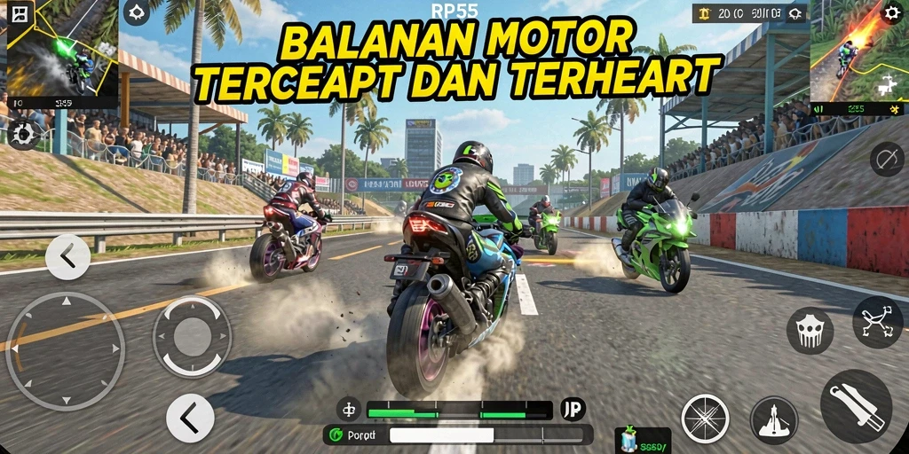 Screenshot gameplay RP55 yang menampilkan balapan motor yang seru.