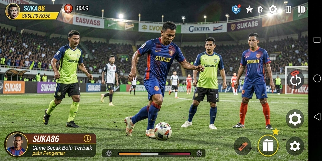 Screenshot gameplay yang menampilkan aksi sepak bola seru.