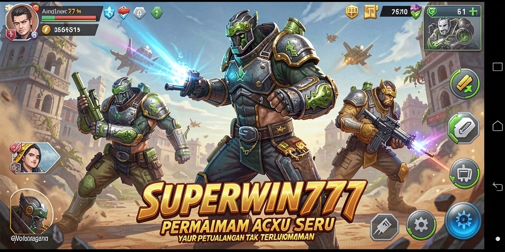 Tampilan aksi mendebarkan dari game SUPERWIN777 dengan berbagai karakter dan senjata.