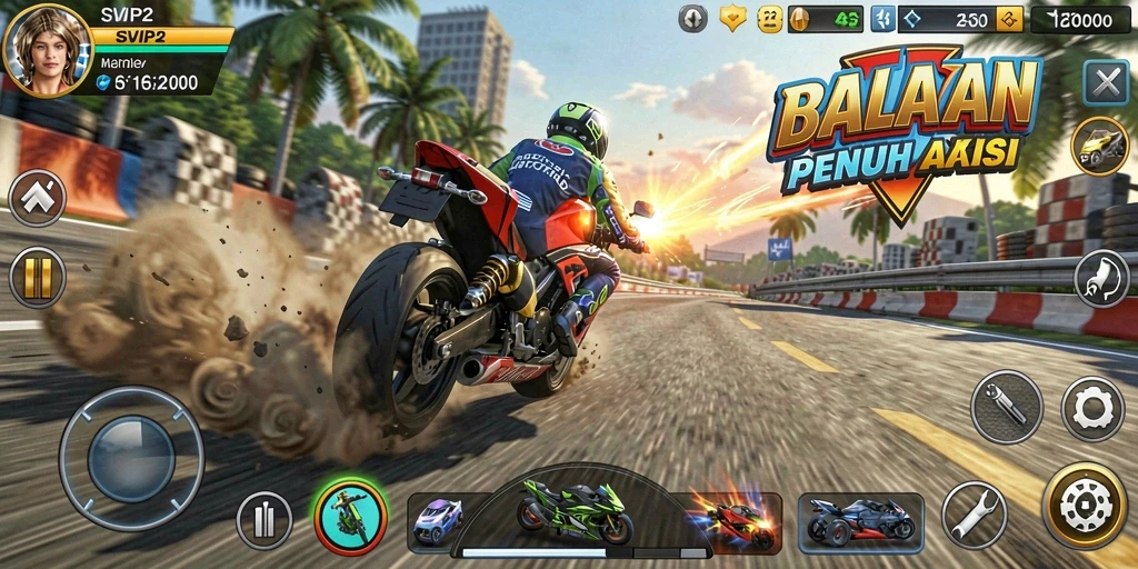 Tangkapan layar menampilkan pengalaman balapan Motor Racing yang menegangkan.